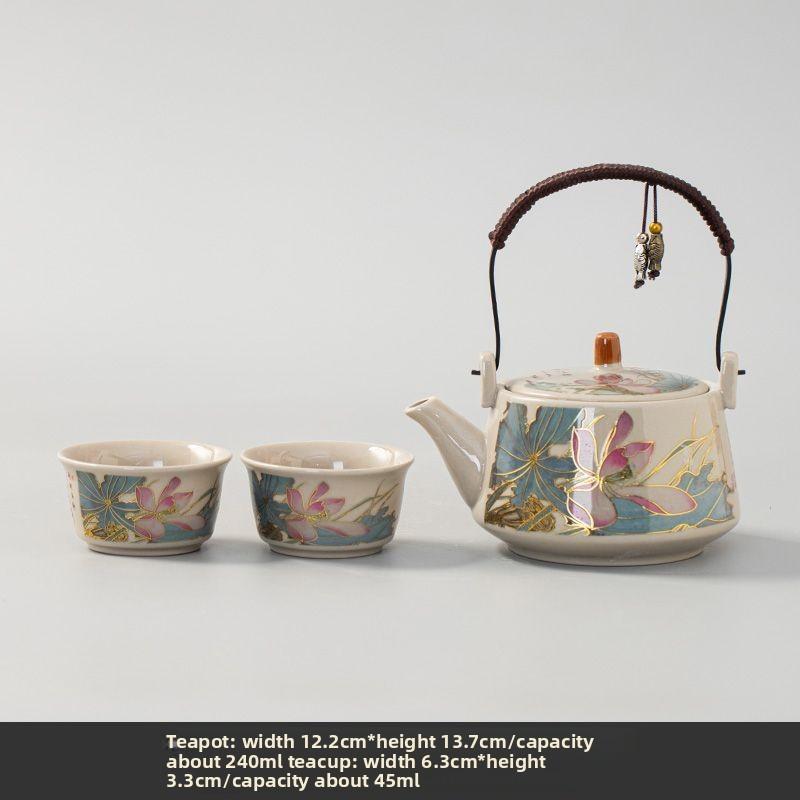 Exquisite Lotus Tea Set, Handle Pot, 1 Pot  2 Cups, Ceramic Gongfu Teaware, Tea Brewing Pot, Teacups, Perfect for Afternoon Tea