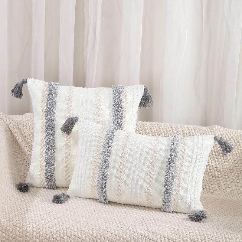Cotton Yarn Jacquard Tufted Tassel Throw Pillow Cover Office Waist Cushion Home Sofa Bedside Cushion