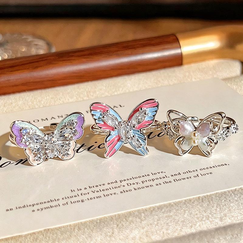 Sweet Cool Ins Style Open Ring Gradient Enamel Butterfly Inlaid Zircon With Bead Detail Niche Personality Adjustable Decorative Ring