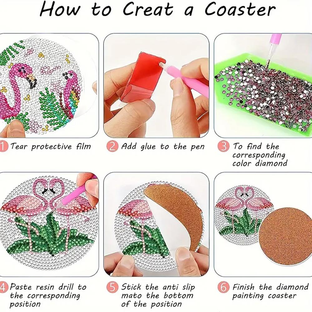 8 Pieces/set of Pink Goose Diamond Painted Coasters with Brackets DIY Coasters for Beginners and Adults, Art and Craft Supplies Gifts