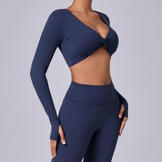 Long Sleeve Workout Tops for Women Twist Front Deep V Neck Cropped Athletic Top Yoga Pilates Gym Outfit