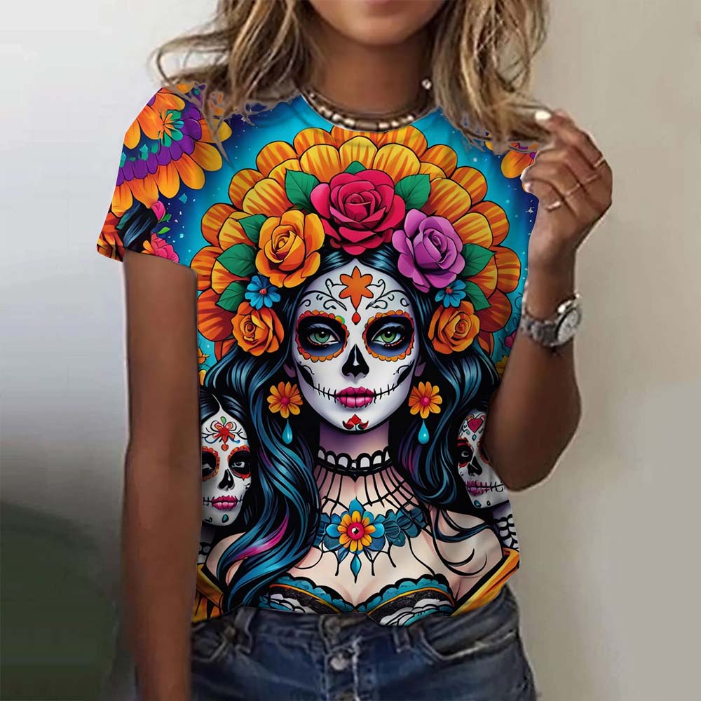 Girls' short sleeve women's T-shirt, casual sexy summer Day of the Dead skeleton pattern loose top.
