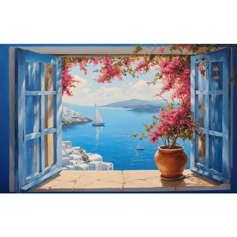 

Открытое окно остров Санторини корабль Эгейское море настенное искусство плакат принт Греция холст живопись для гостиной украшение дома 21cm×30cm NoFrame
