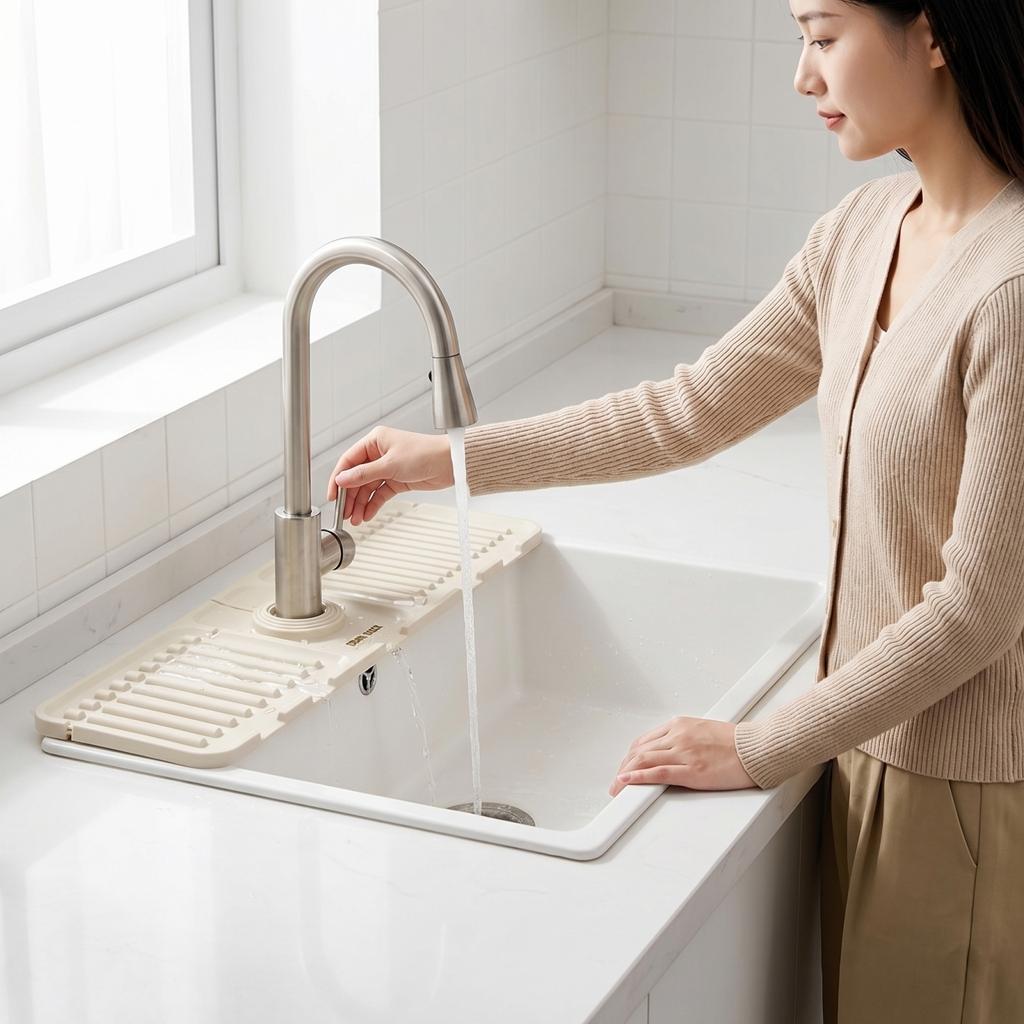 Silicone Faucet Mat Guard, Kitchen Sink Water Catcher, Cuttable Foldable Narrow Edge Absorbent Pad
