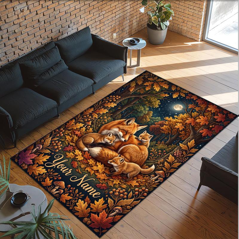 Fox Theme Crystal Velvet Floor Rug Personalized Custom Name Text Warm Carpet Home Decoration