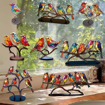 Home Stained Glass Birds On Branch Desktop Ornaments Double Sided Multicolor Birds Ornaments Bird Series Decorations