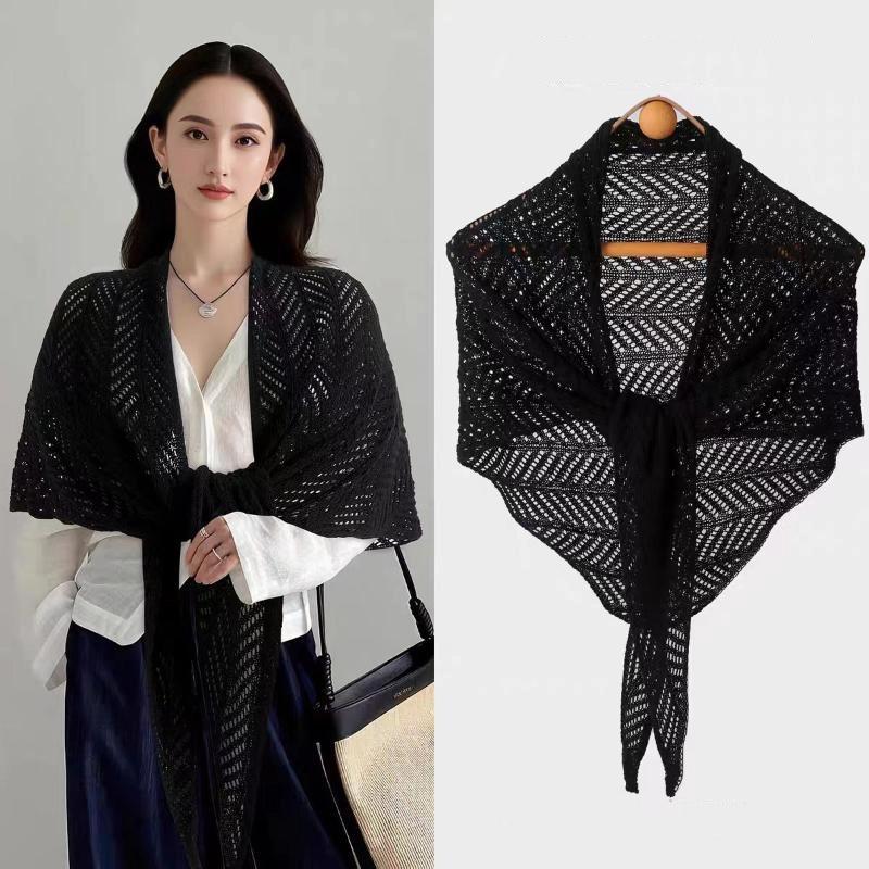 Women S Knitted Hollow Large Triangle Scarf Knitted Shawl Sun Protection Pure Color Triangular Scarf чёрный