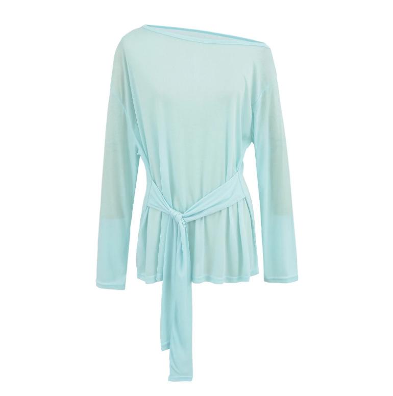 Summer new female American Spice Girl style solid color Tencel strap blouse loose slanted shoulder long sleeve thin sun protection T-shirt