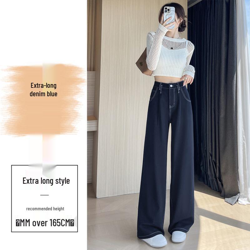 Women's High-Waisted Black Denim Wide-Leg Pants - Autumn Slim-Fit, Petite Loose, Floor-Length Casual Trousers.