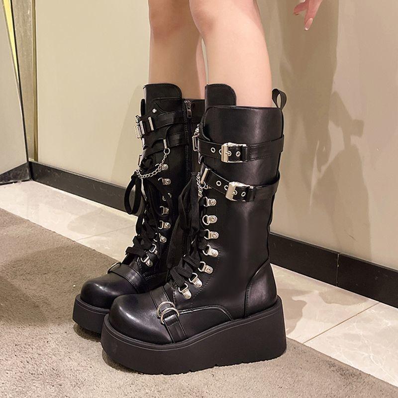 Sweet Cool Spice Girl Metal Punk Style Platform Locomotive Boots Women's New Slope Heel Tall Knight Boots