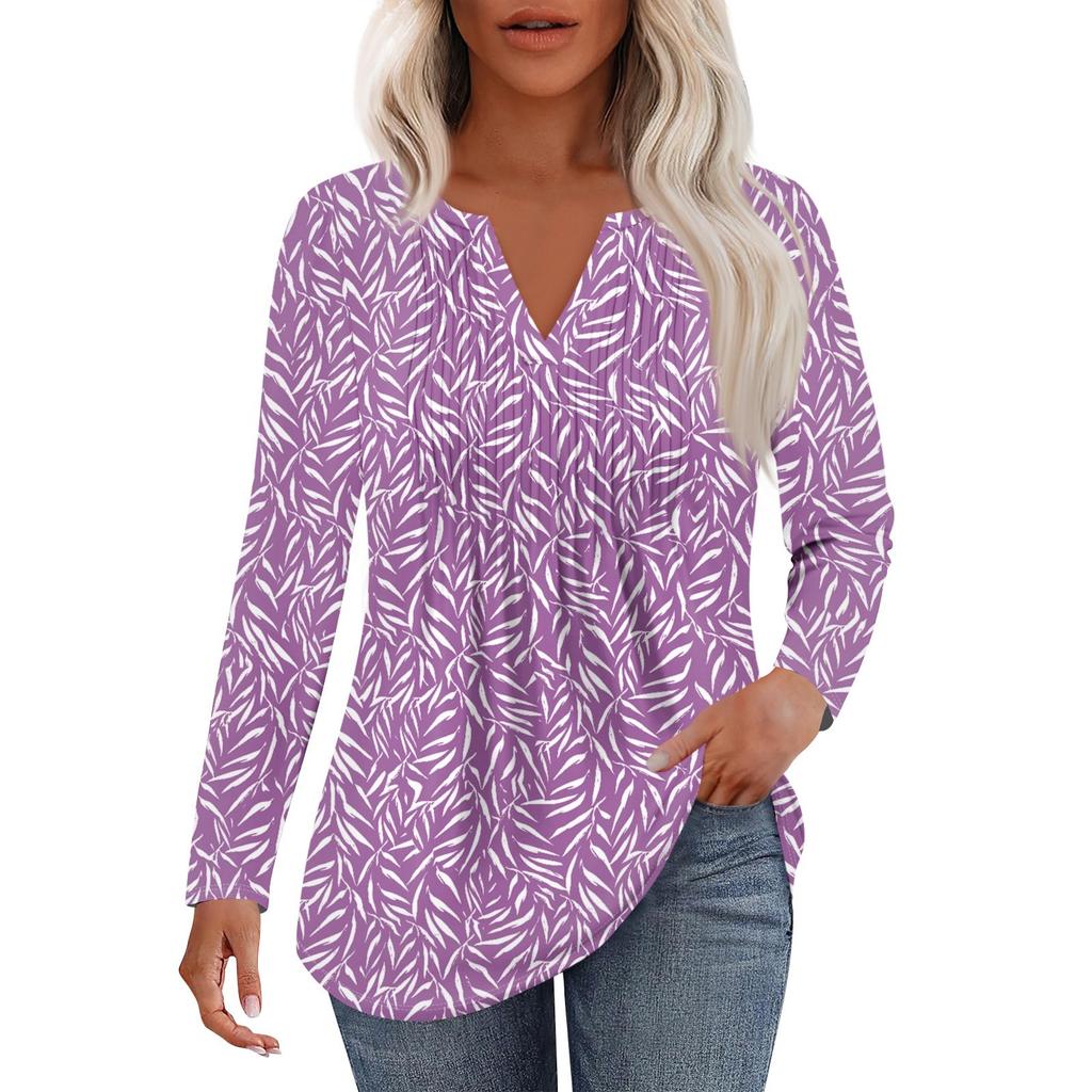 Damska Moda Casual Plisowana Koszulka z Dekoltem V w Jednolitym Kolorze z Długim Rękawem Eleganckie Bluzki