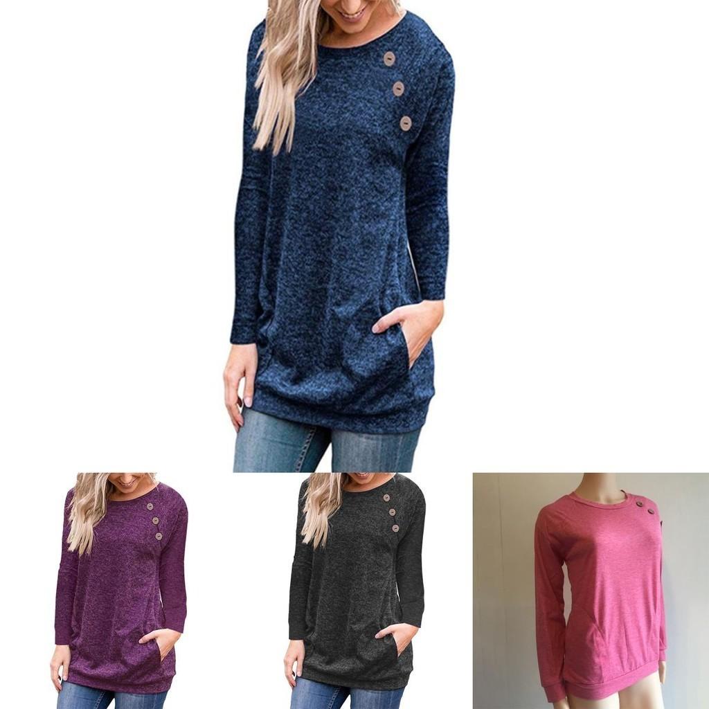 Stylish Women's Pullover Long Sleeve Solid Button Sweatshirt Top For Casual Wear