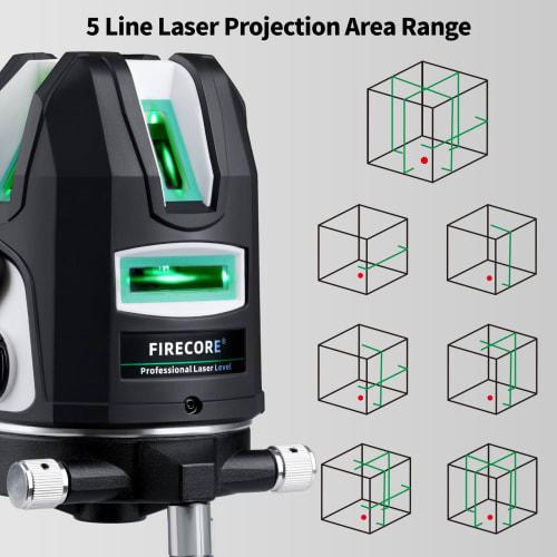 Firecore FGL-411G 5-Line Green Laser Level with 4-Direction Large Square Line Projection, 360 Rotating Laser Line, High Brightness, Automatic Self-Le