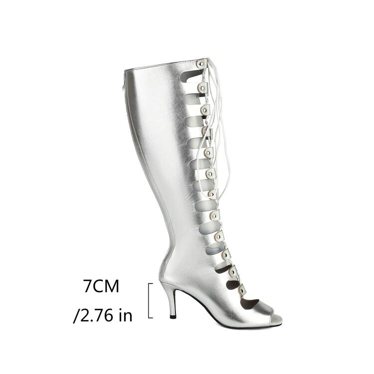 Fashion Cross Strap Rivet Belt Buckle Women's Cool Boots Summer Sexy Silvery Gold High Heel Sandals Dress Party Motorcycle Boots Size 48