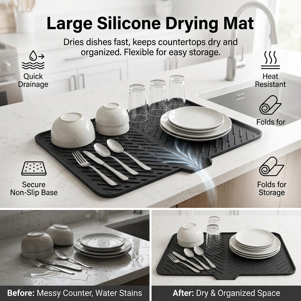 Silicone Drying Mat for Kitchen Large Non Slip Heat Resistant Drainage Pad for Dishes and Tableware