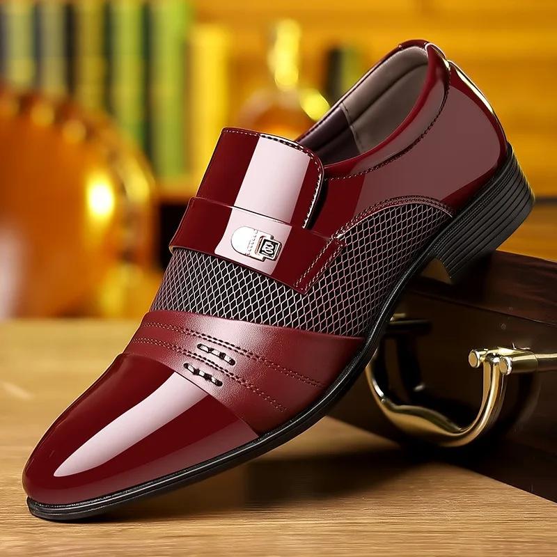 Business Leather Men DressShoes Mesh Leather Shoes for Men Slip-on Oxford Shoe Wedding Formal Party Pointed Toe Male Loafers