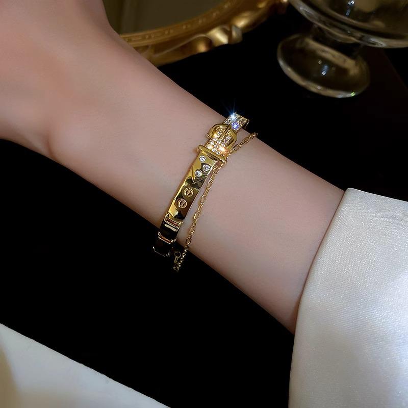 Exquisite Zircon-Gold Belt Buckle Bracelet: Luxurious Double-Layer Bangle for Chic Commuting Fashion