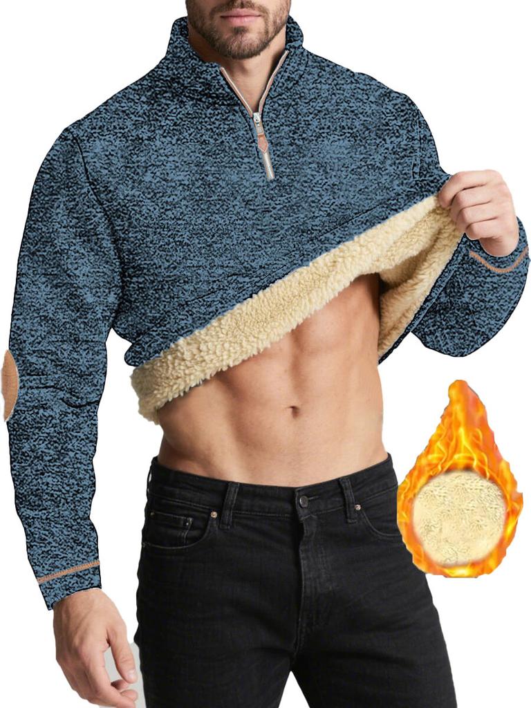 Autumn New Men's Casual Quarter Zip Fleece Lined Sweatshirt with Elbow Patches Solid Color Warm Sportswear Male Fashion Outerwear