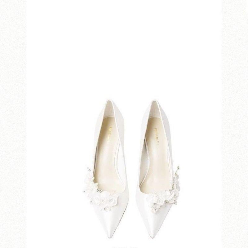 Pantofi de nuntă cu strasuri albe pentru femei, pantofi cu toc subțire cu vârf ascuțit franțuzesc, pantofi cu toc înalt, pantofi de mireasă romantici