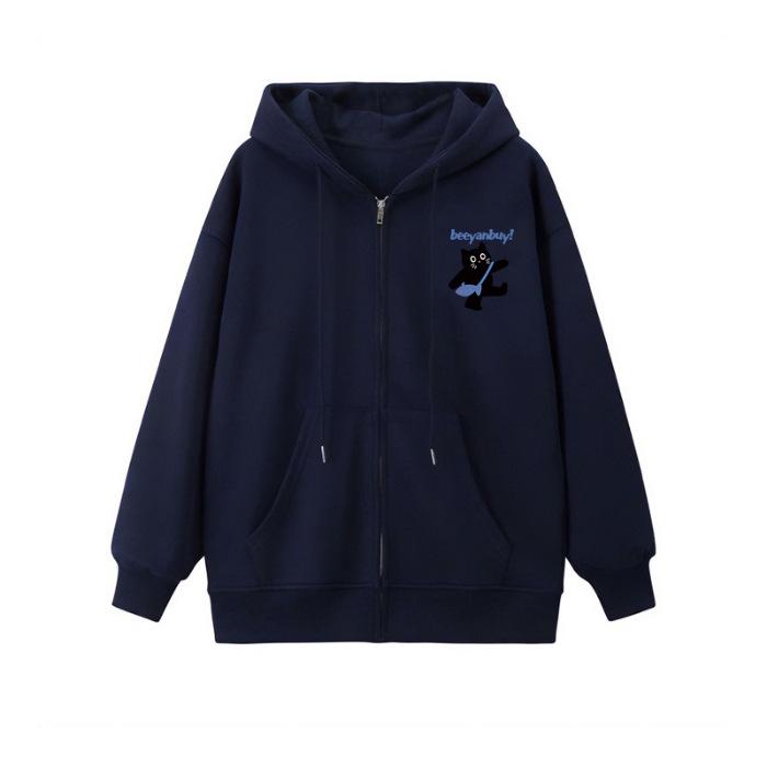Navy Blue Hooded Cardigan Zipper Sweater for Women - Perfect for Early Autumn and Winter