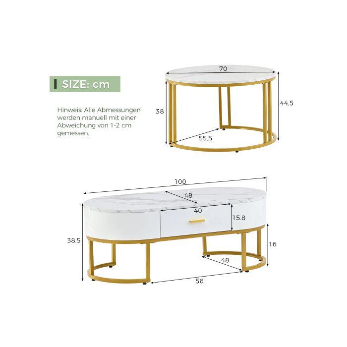 Tables Basses 2 Pièces Piètement Métal Doré, Tables De Salon Nobles, Tables Gigognes Modernes