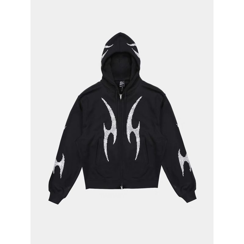 

Модная толстовка с капюшоном и стразами-молниями, женская, осенне-зимняя, уличный хип-хоп в K-стиле, флисовая, на молнии, кардиган, верхняя одежда Black [thin]] L