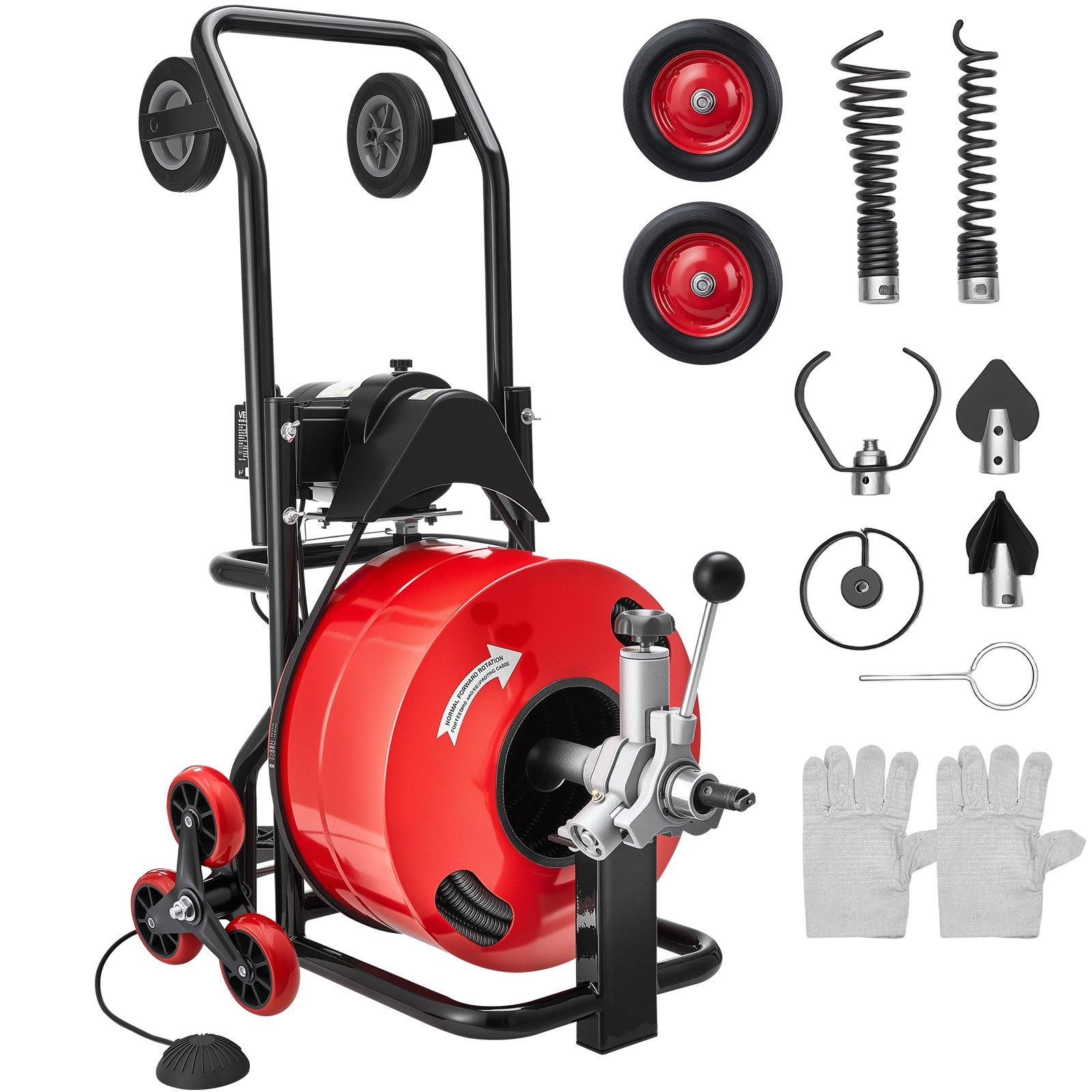 Mașină de curățat scurgeri VEVOR 30m x 19mm, Șarpe de canalizare cu alimentare automată, Mașină portabilă de curățat scurgeri cu combinație multi-roți 65 x 52 x 104.5 cm