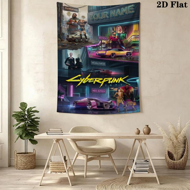 Name Custom Cyberpunk 2077 Wall Tapestry Aesthetic Wall Hanging Printed Fabric Blanket Decorative Tapestries for Bedroom Living Room Home Decor