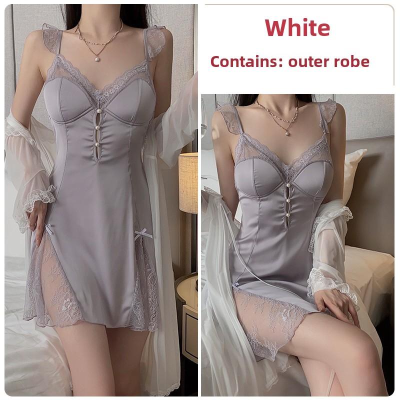 Satin Splicing Lace Perspective Sexy Deep V Plus Chest Pad Suspender Nightdress Robe Home Set