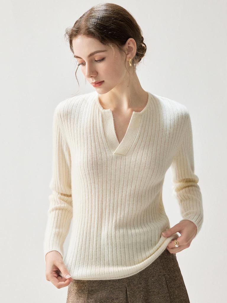 Ribbed Cashmere V-Neck Sweater - Women's Elegant Slimming Pullover for Autumn 2026