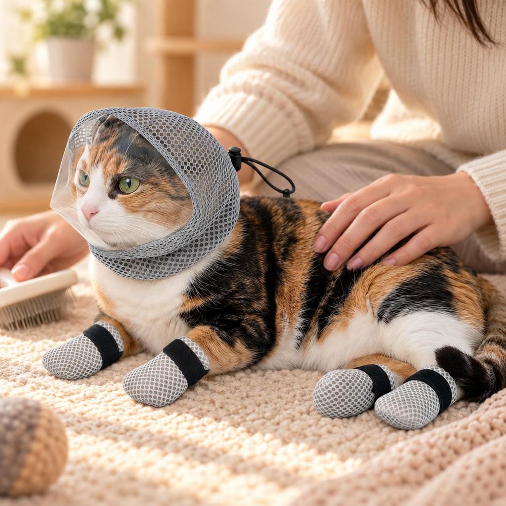 Mesh Cat Muzzle Hood with Paw Covers Adjustable Head Cover