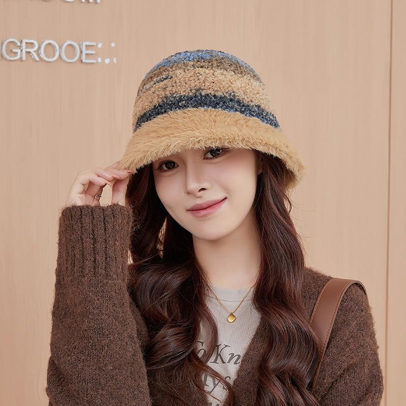 New warm ear protection bucket hat women's plush gradual change color matching basin hat autumn and winter wool knitted versatile bucket hat