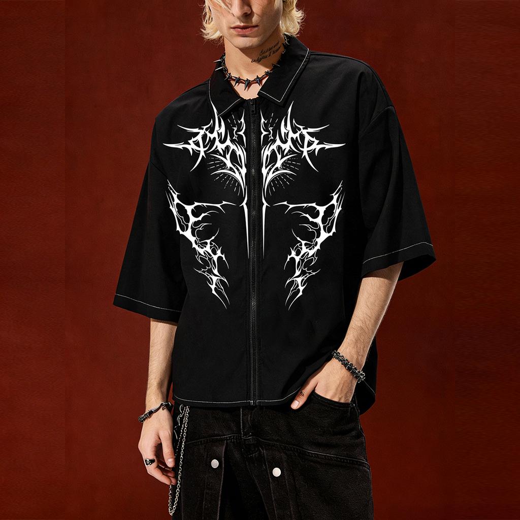 Men's Y2K Gothic Symmetric Thorn Print Loose Zip Shirt