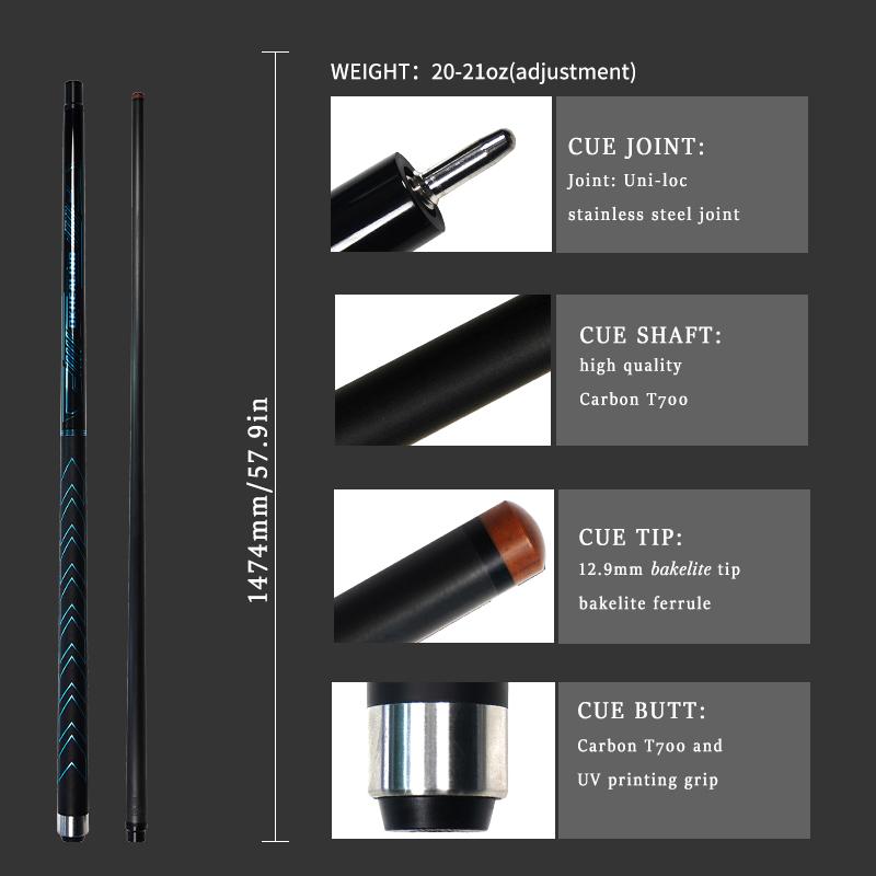 OKHEALING Karbonfaser Billard Queue Stick (Black Technology Niedrige Biegung Pro Taper Billard Queue 12,4 mm Spitze, Uni-loc Verbindung 147 cm, Spielqueue)