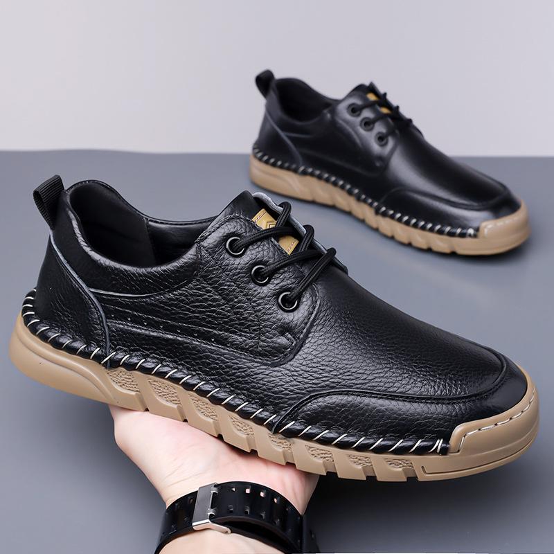 Men's Genuine Leather British Style Casual Loafers - Soft Sole, Slip-on, Black