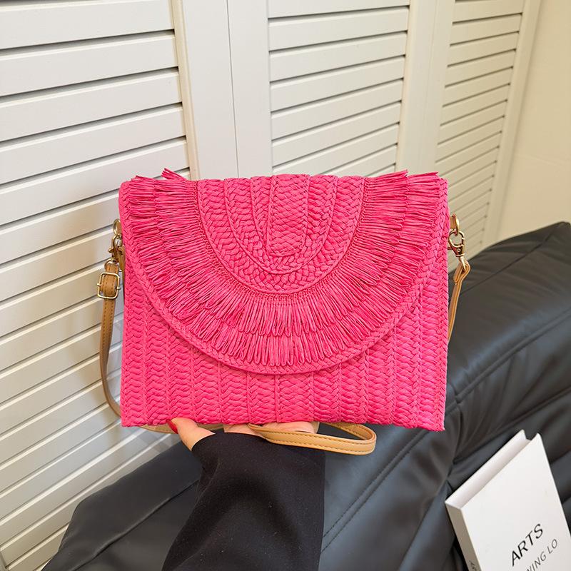 Straw Handmade Weave Clutch Bag Solid Color Pouch Purse Female Summer Flap  Beach Wallets Crossbody Bag