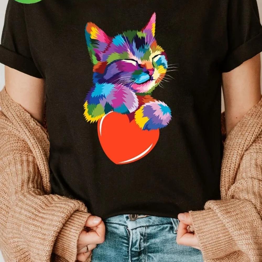 

Womens Cat and Heart Print TShirt Casual Crew Neck Short Sleeve Knit Top Suitable for All Seasons Streetwear S