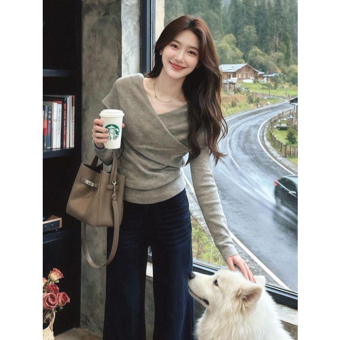

Threaded Plush Cross One-Shoulder Long-Sleeve T-shirt for Women - Autumn/Winter Base Layer Top Small серый