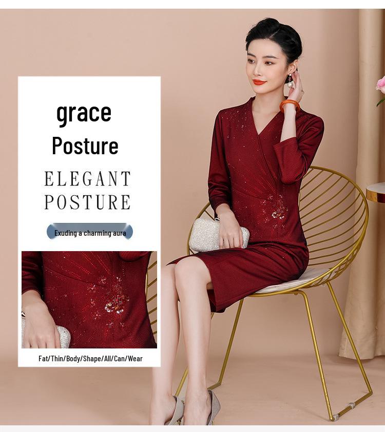 2023 Autumn Elegant Knee-Length Dress for Middle-Aged Women - Slimming Plus Size, Perfect for Weddings and Special Occasions