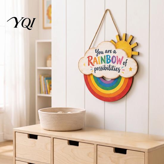 Kids Bedroom Decorations Boho Rainbow Sun Welcome Door Sign, Wall Hanging Plaque Sign Playroom Art with Inspirational Quote, Colorful Hanger