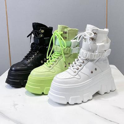 Fashion 7CM Green Punk Chunky Platform Motorcycle Boots Women Autumn Winter Gothic Shoes Woman Thick Bottom Lace Up Ankle Botas Mujer