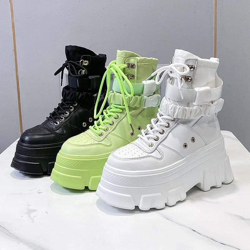 Fashion 7CM Green Punk Chunky Platform Motorcycle Boots Women Autumn Winter Gothic Shoes Woman Thick Bottom Lace Up Ankle Botas Mujer