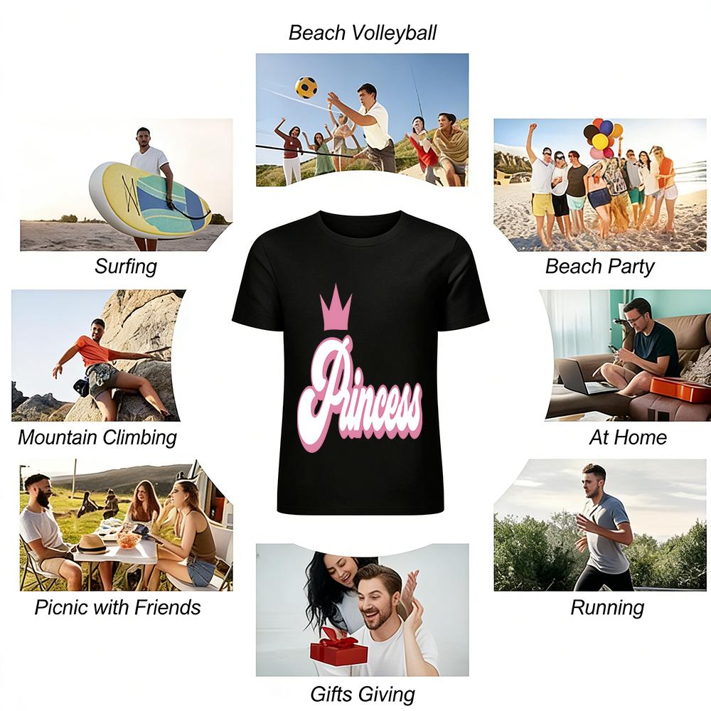 Princess Crown Print Crew Neck Top Sweet Style Casual Loose Fit Cotton T-Shirt For Girls Pure cotton T-shirt