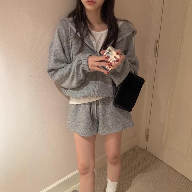 Korean Dongdaemun Casual Loose Long Sleeve Hoodie Cardigan & Shorts Women s Set. One Size