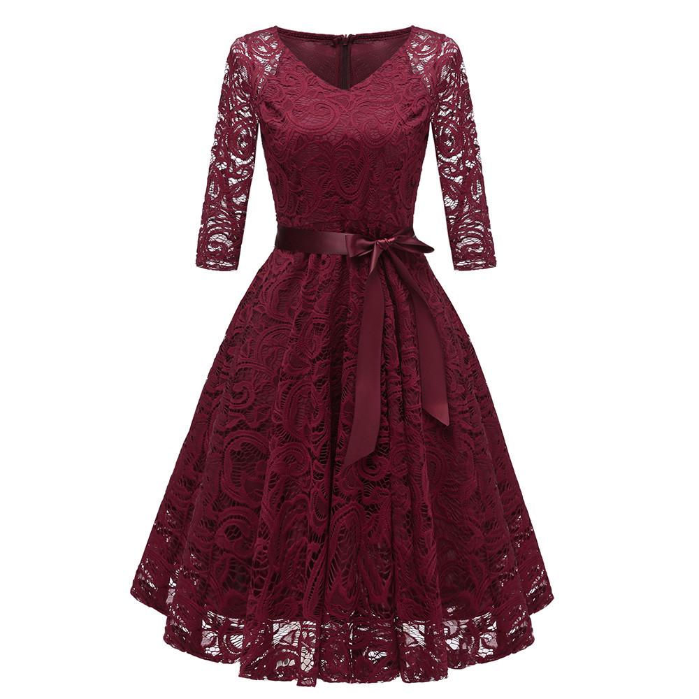 Women Vintage Princess Floral Lace Cocktail V-Neck Party Aline Swing Dress
