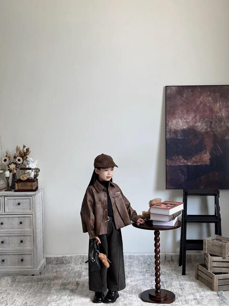 Girls' 2024 Autumn/Winter Sweet Retro Leather Jacket & Sweater Set with Wide-Leg Pants