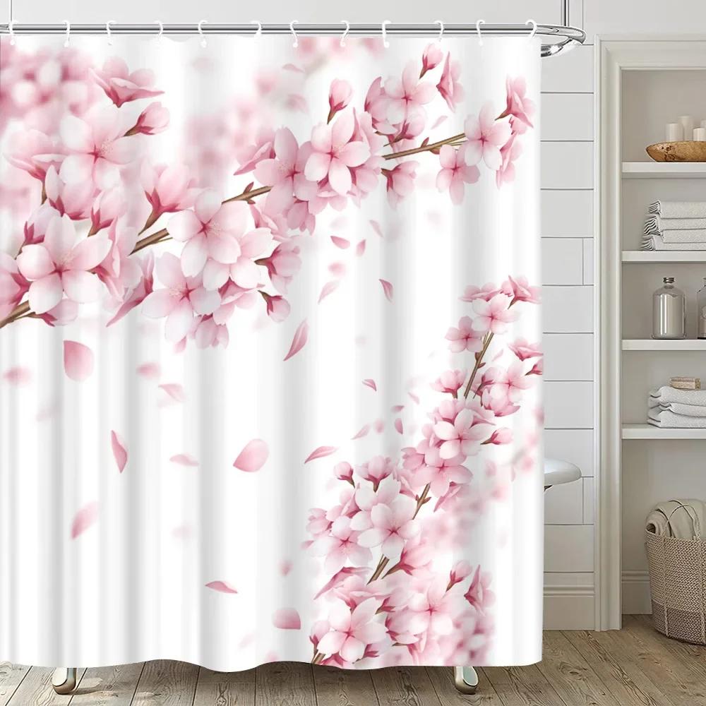 Pink Sakura Flowers Shower Curtains Japanese Cherry Blossoms Trees Floral Rustic Garden Landscape Fabric Print Bathroom Decor