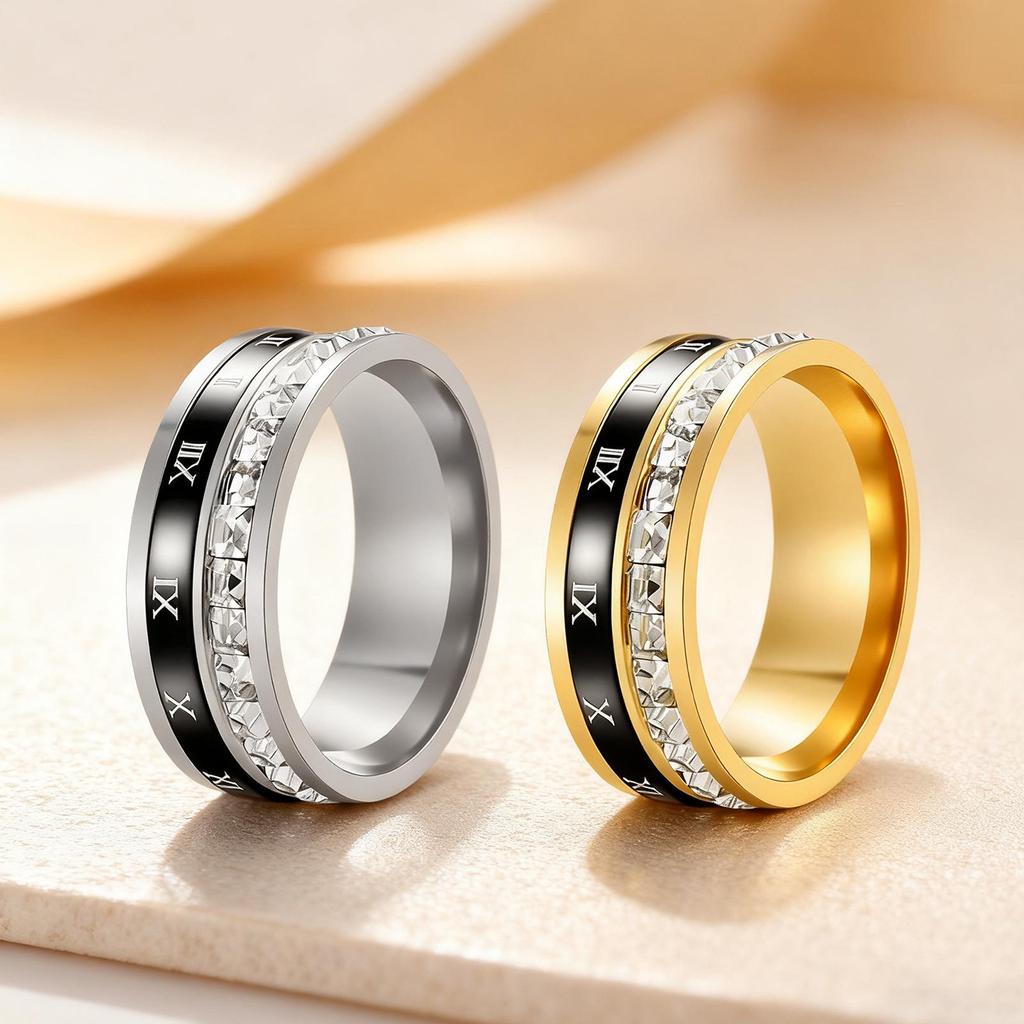 Titanium Steel Roman Numeral Diamond Spinner Couple Ring - Trendy Style