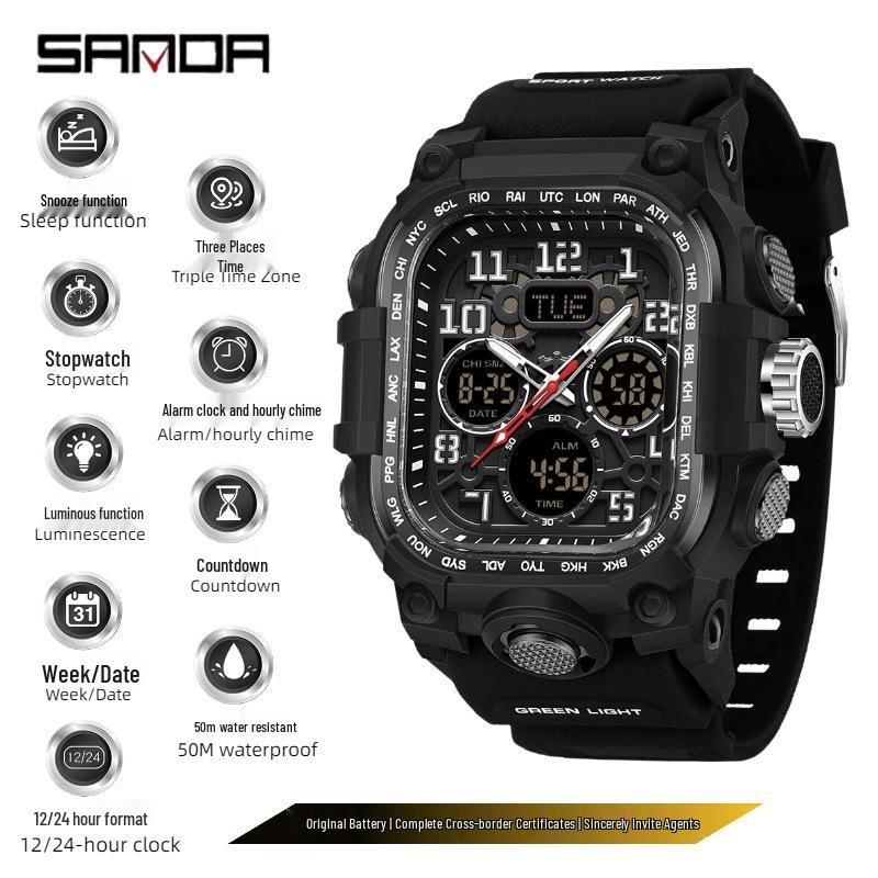 Sanda Men s Trendy Waterproof Multi-Functional Electronic Watches with Three-Time Zones for Casual Use