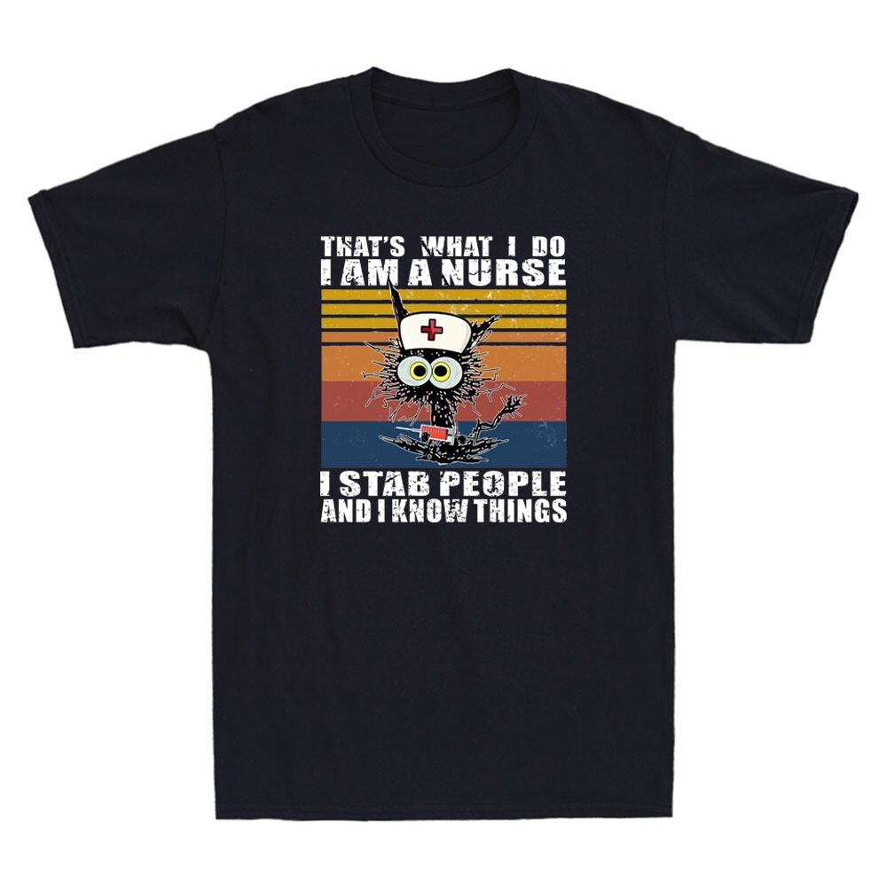 I Am A Nurse I Stab People Funny Black Nurse Cat Kitty Funny Retro Men s T-Shirt S